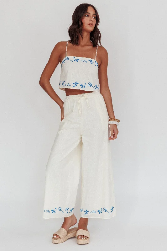 Lightweight linen pants for beach vacation style -Sorrento Summer Embroidered Wide-Leg Pants Beige