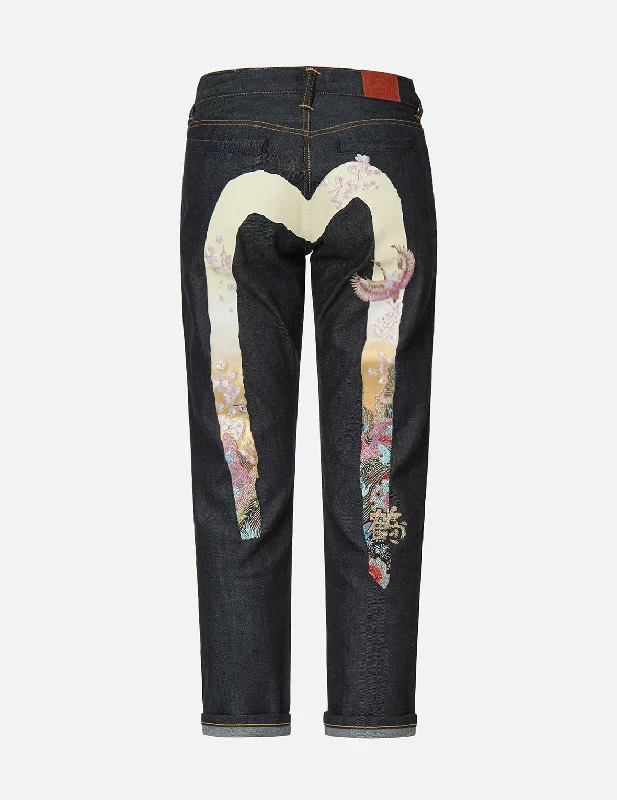 Back Pocket Jeans for Design -Crane Embroidered Gradated Daicock Boyfriend Jeans