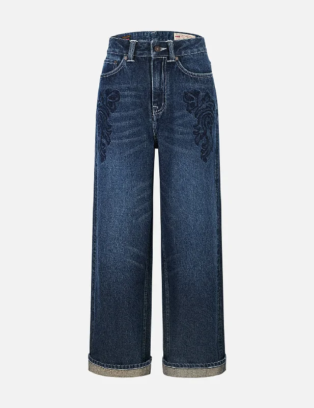 Mom Jeans for Vintage Appeal -Butterfly and Seagull Embroidery Wide-leg Jeans