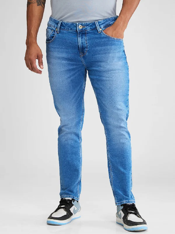 Distressed Jeans for Edgy Style -Spykar Blue Slim Fit Mid Rise Jeans For Men