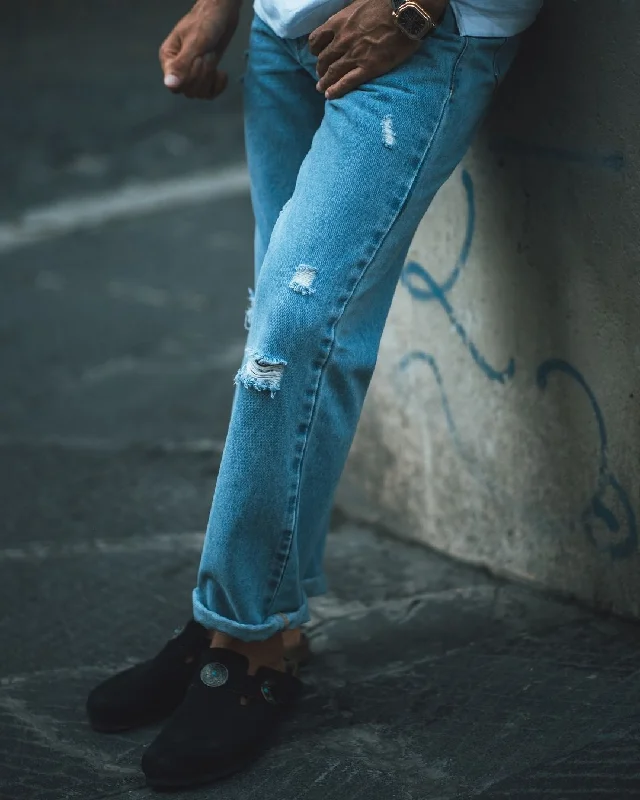 Vintage high-waisted pants for nostalgic wardrobe charm -Fade Washed Light Blue Distressed Jeans