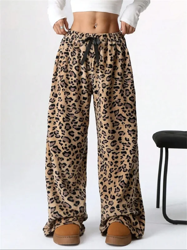 Tailored khaki pants for smart casual attire -Leopard Wide Leg Plush Pants