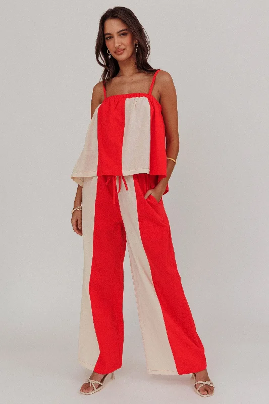 Stretch twill pants for flexible office comfort -Dream Girl Contrast Wide Leg Pant Tomato Red