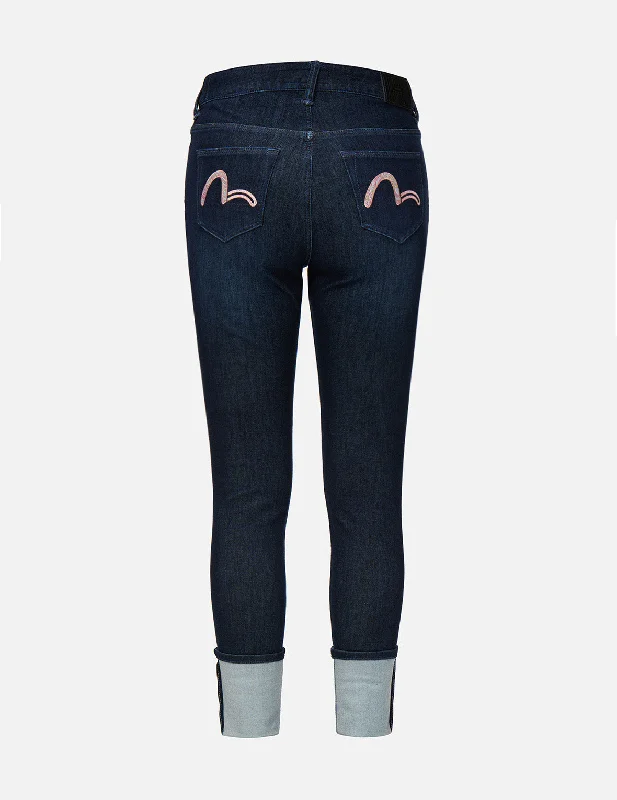 Low Waisted Jeans for Casual -Ukiyo-E Infused Seagull Embroidered Skinny Jeans