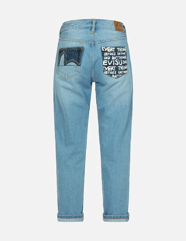 Belt Loops Jeans for Accessorizing -Brand Motto Print Fabric-blocking Boyfriend Jeans