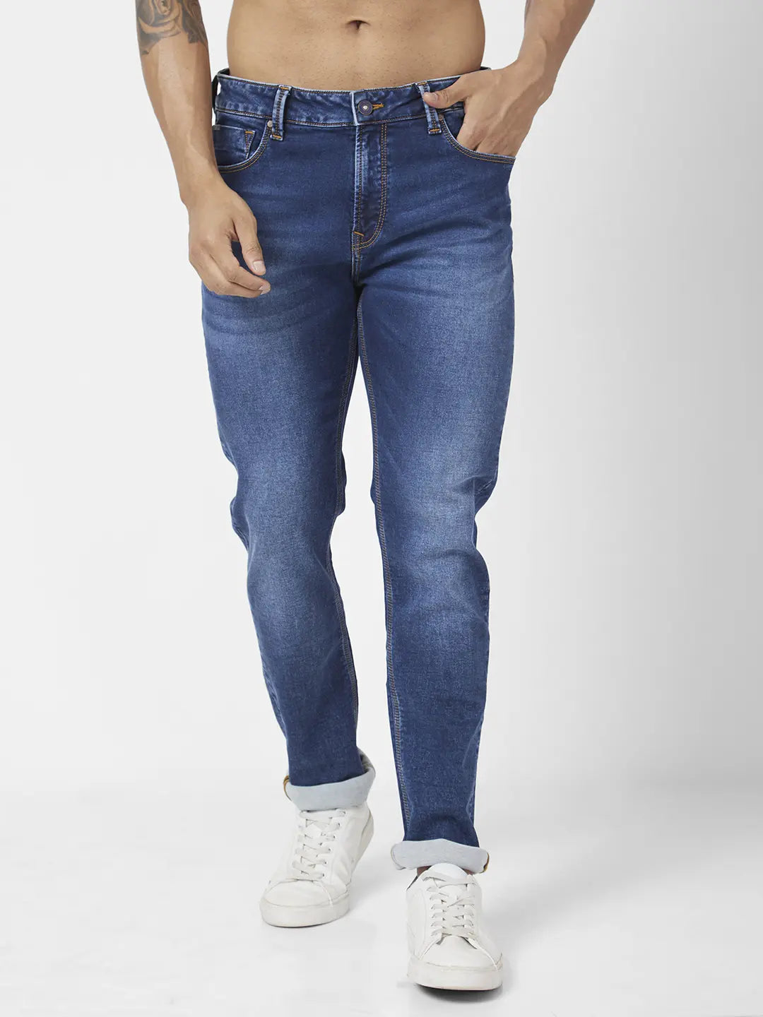 Slim Boyfriend Jeans for Hybrid -Spykar Men Mid Blue Cotton Stretch Comfort Fit Straigth Length Clean Look Mid Rise Jeans (Ricardo)