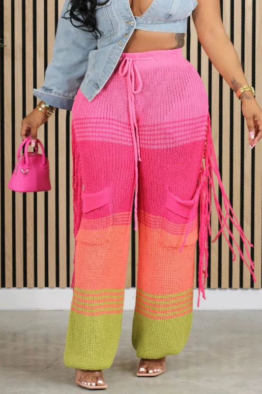 Quick-dry cargo pants for fishing trip practicality -Contrast Fringe Crochet Knit Pants