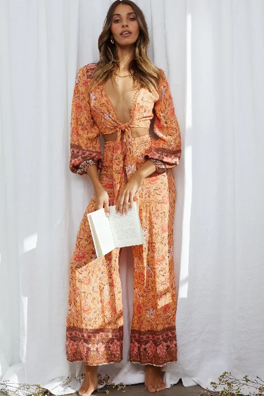 Elegant satin pants for formal dinner attire -Novo Shirred Waist Long Pants Bohemian Print Orange