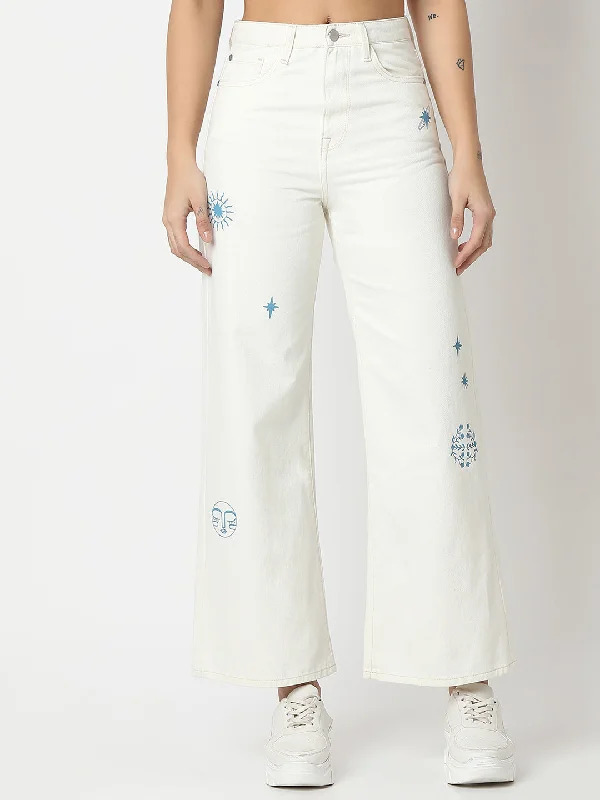 Holiday Jeans for Festive -Spykar Off White Wide Leg High Rise Jeans For Women