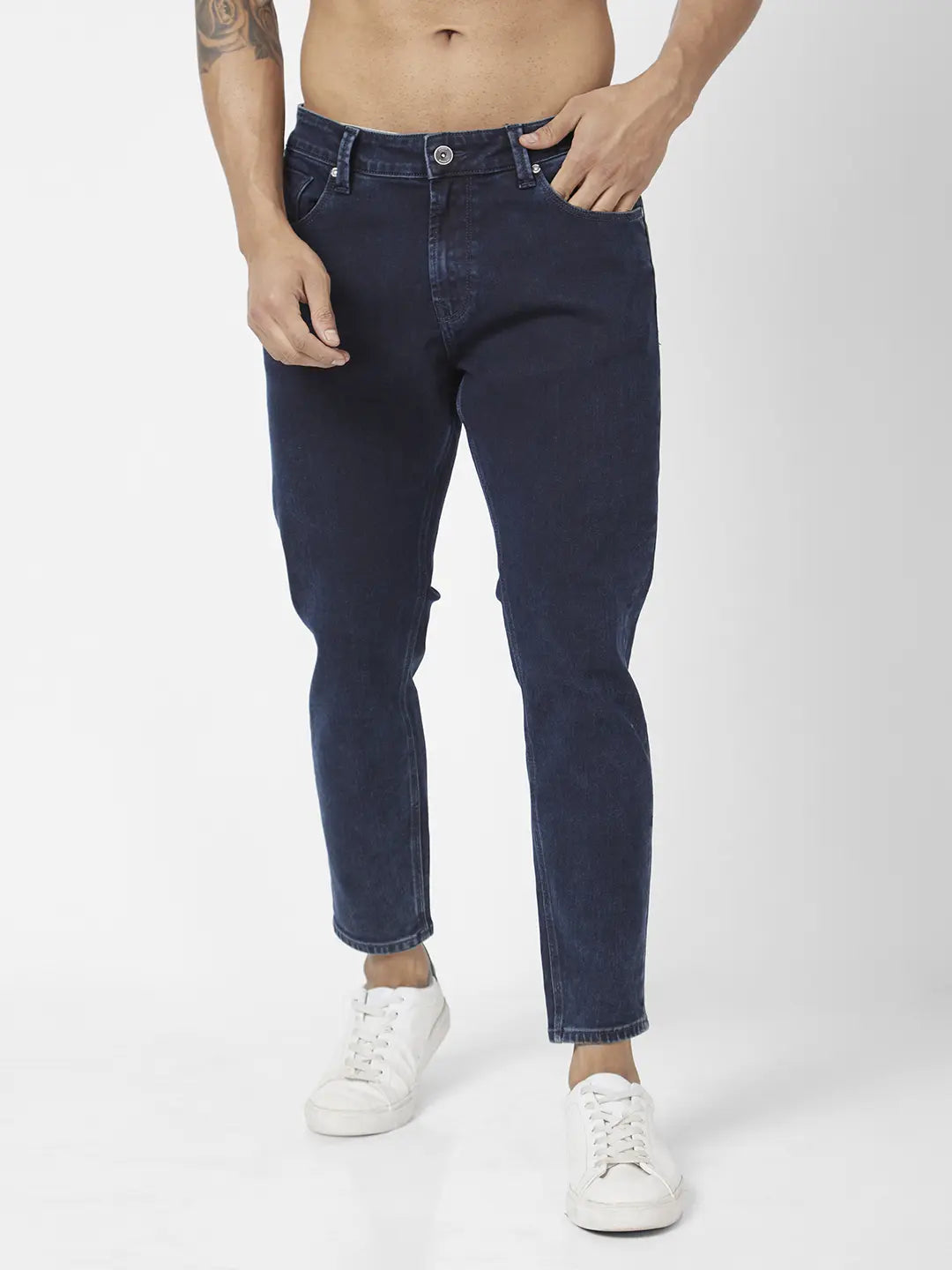 Blue Jeans for Everyday Wear -Spykar Men Dark Blue Cotton Stretch Slim Fit Tapered Length Clean Look Mid Rise Jeans (Kano)