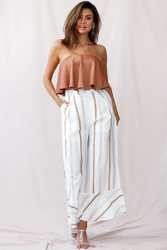 Classic wool pants for cold weather elegance -Hermosa Wide Leg Pocket Pants Stripe Print Tan