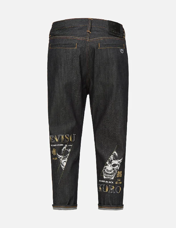 Stonewashed Jeans for Softness -Slashed Hannya Skull Print Cropped Fit Jeans #2027