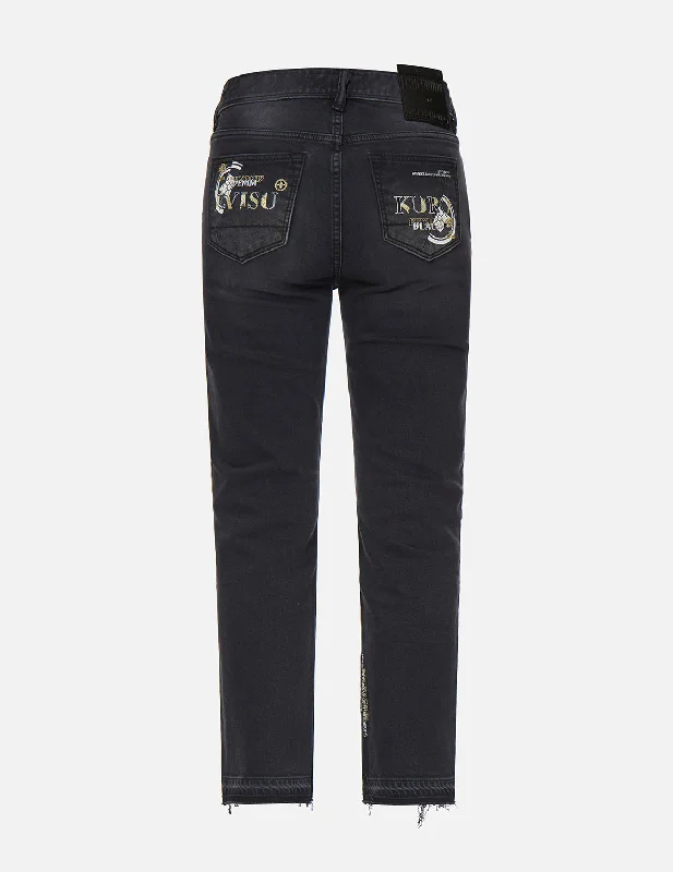 Stretch Jeans for Flexibility -Slashed Kamon and Logo Embroidered Cropped Straight Fit Jeans