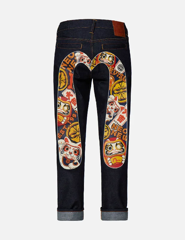 Button Fly Jeans for Traditional -EVISU Squad Daicock Print Carrot-Fit Jeans #2017