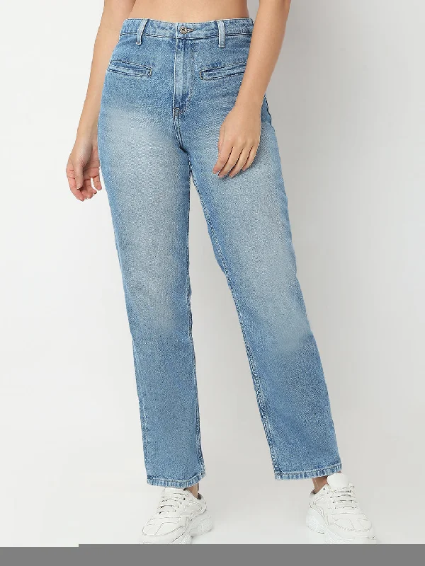 Frayed Hem Jeans for Edgy -Spykar Straight fit Light Blue High Raise Jeans For Women