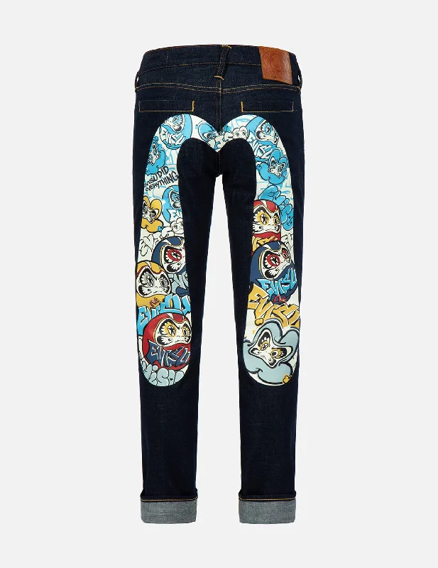 Shorts Jeans for Hot Days -Graffiti Daruma-pattern Daicock Print Slim-Fit Jeans #2010