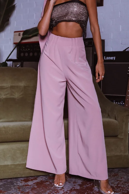 Luxury silk pants for glamorous evening wear -Vous Etes Belle Pleated Waist Pants Blush