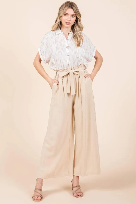 Stylish wide-leg pants for bold evening looks -Mittoshop High Waist Tie Front Wide Leg Pants