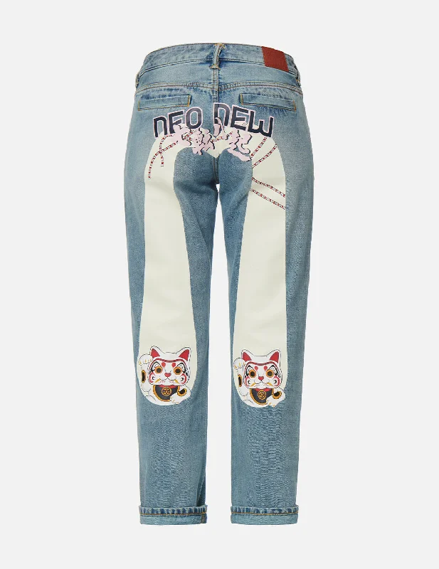 Cuffed Jeans for Stylish Touch -Fortune Cat Daicock Print Boyfriend Jeans