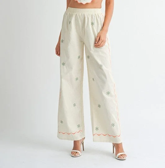 Relaxed cotton pants for breezy casual days -On Island Time Linen Embroidered Pants