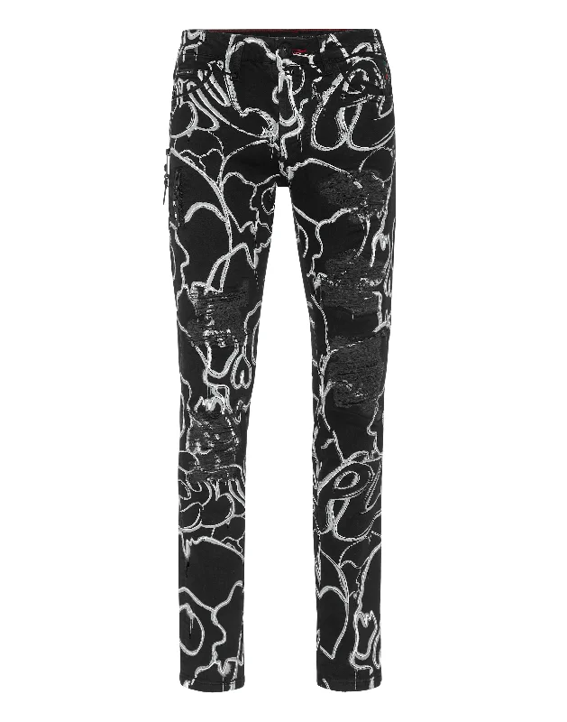 Flowy wide pants for artistic bohemian vibes -Denim Trousers Super Straight Cut Fit Skull&Bones