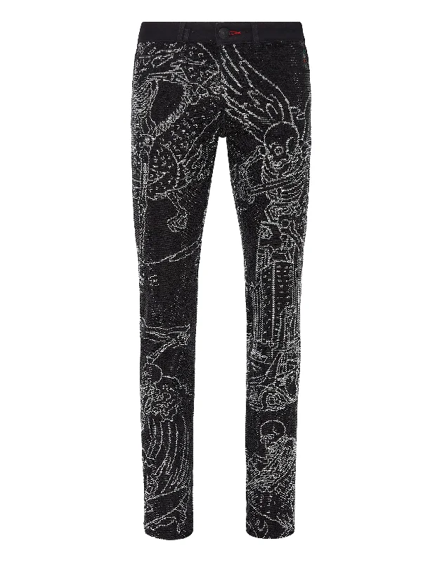 Reinforced cargo pants for heavy-duty field work -Denim Trousers Super Straight Cut Strass Skeleton tattoo with Crystals