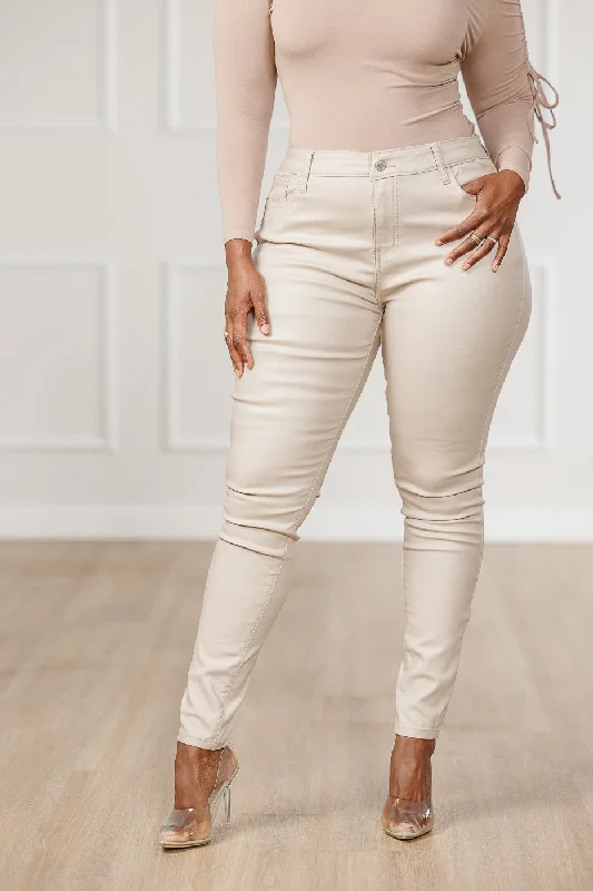 Soft stretch pants for all-day wear ease -Draya Coated Skinny Pants - Cream