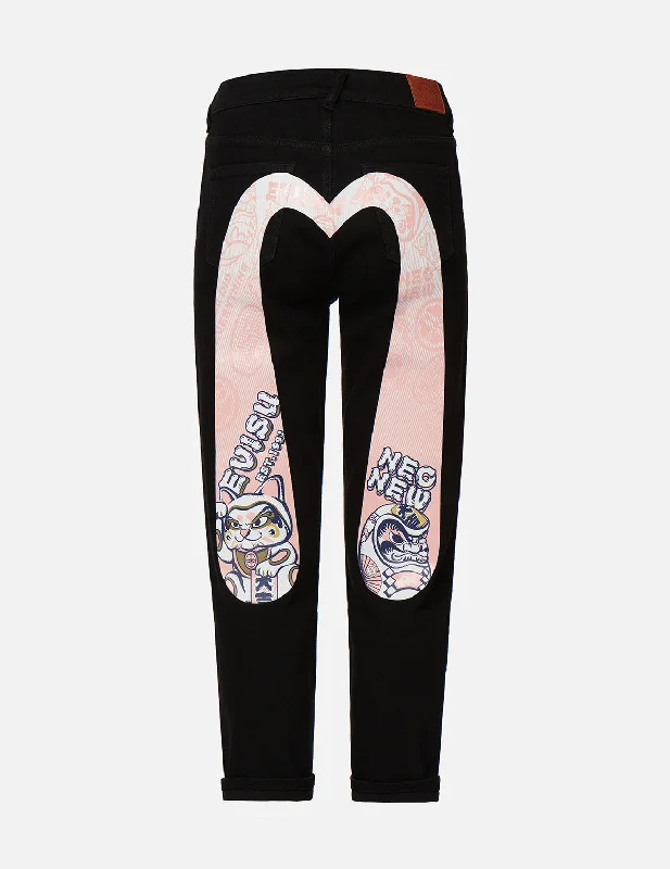 Embroidered Jeans for Detail -Fortune Cat and Daruma Daicock Print Relax Fit Jeans