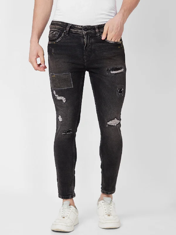 Ripped Jeans for Trendy Look -Spykar Mid Rise Tapered Fit Black Jeans For Men