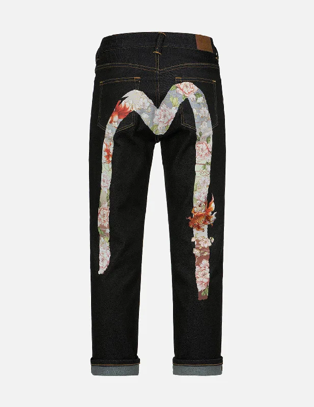 Faded Jeans for Laid-back -Embroidery Goldfish and Floral Flow Brushstroke Daicock Print Boyfriend Jeans