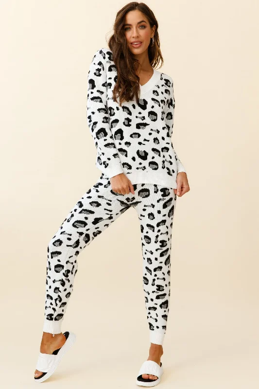 High-performance workout pants for marathon training days -Chase The Moon V-Neck Sweater & Pants Set White Leopard Print