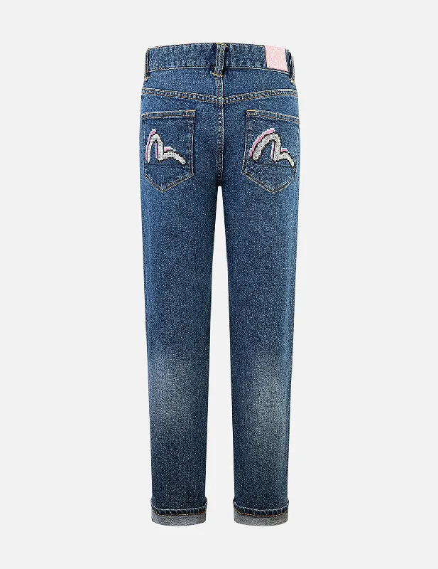 Flare Jeans for Retro Vibe -Pixel Seagull Embroidery Relax Jeans