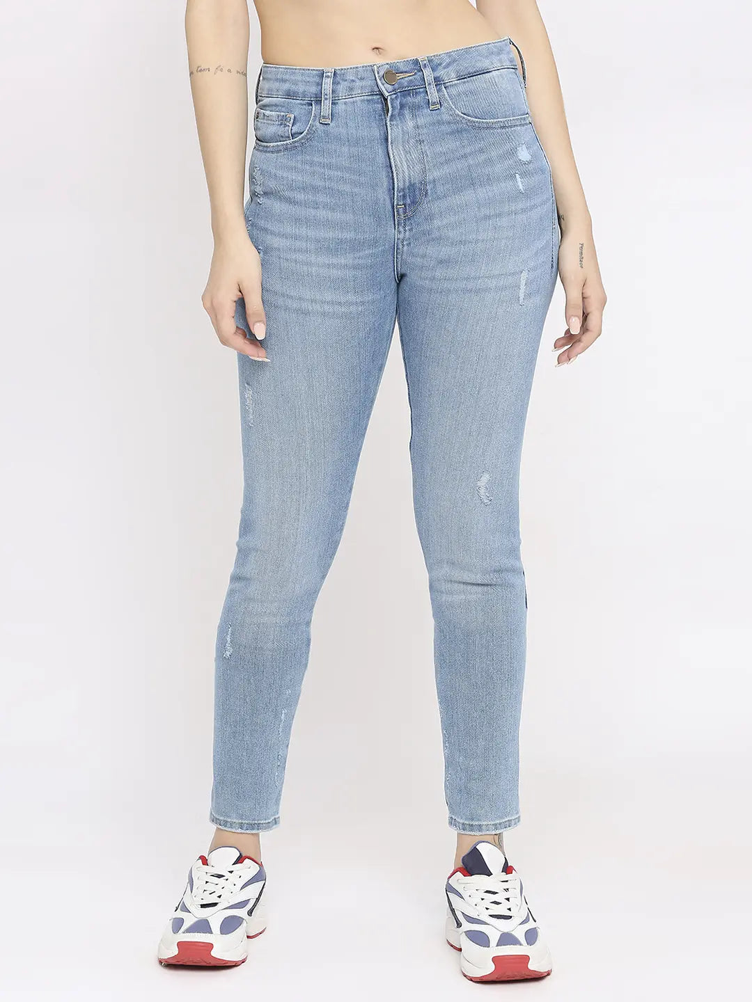 Boyfriend Jeans for Relaxed -Spykar Women Light Blue Lycra Skinny Fit - Low Distressed Mid Rise Jeans-(Adora)