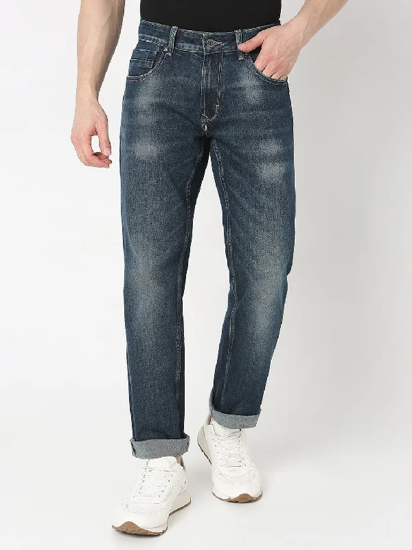 Metal Button Jeans for Classic -Spykar Men Blue Cotton Mid Rise Jeans