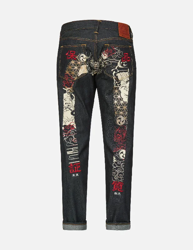 Decorated Back Pocket Jeans for Style -Raijin-Fujin Outline Daicock Carrot Fit Jeans #2017