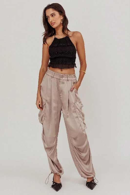 Lightweight linen pants for beach vacation style -Betty Satin Cargo Pant Mink