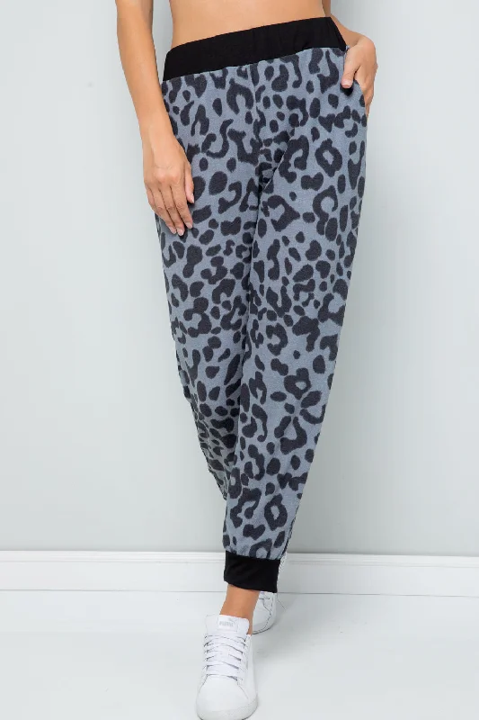 Lightweight linen pants for beach vacation style -Celeste Full Size Leopard Contrast Sweatpants