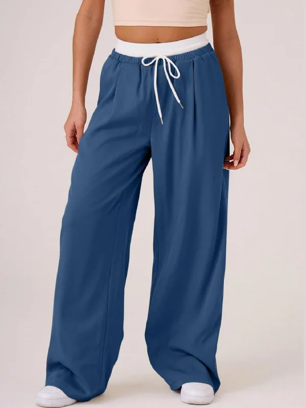 Designer jogger pants for upscale street style -Contrast Waistband Drawstring Wide Leg Pants