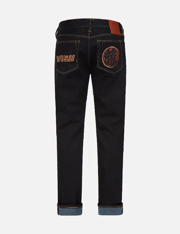 Overalls Jeans for Workwear -Logo and Kanji Leather Patched Carrot Fit Jeans #2017