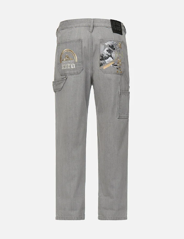 Denim Jeans for Durability -Ukiyo-E and Sashiko Embroidered Straight Fit Worker Jeans