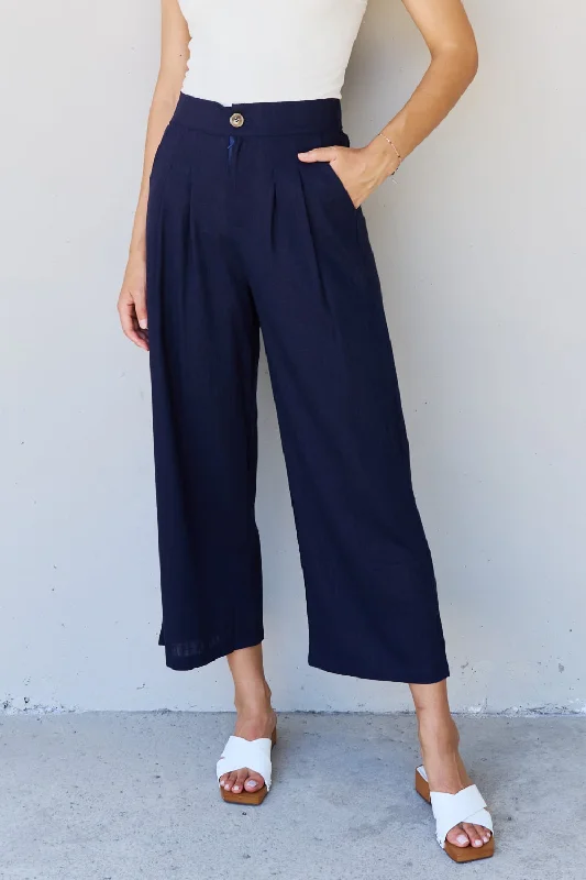 Casual twill pants for easygoing daily outfits -And The Why In The Mix Full Size Pleated Detail Linen Pants in Dark Navy