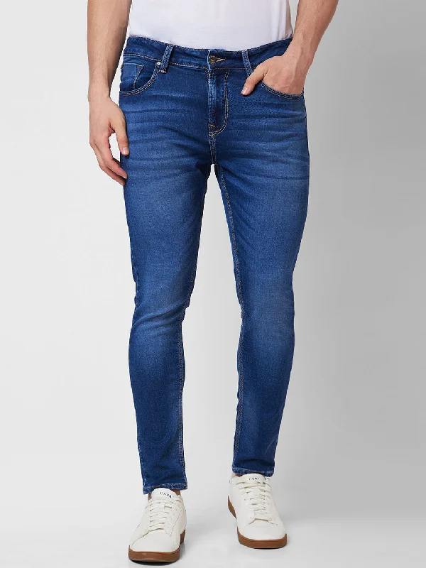 Bootcut Jeans for Flattering -Spykar Mid Rise Tapered Fit Blue Jeans For Men