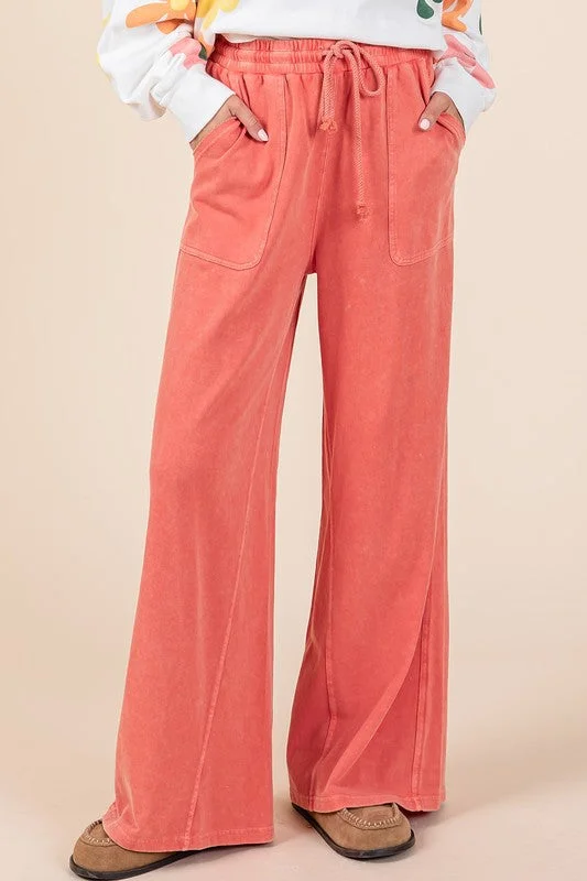 Soft jogger pants for relaxed weekend lounging -Mittoshop Mineral Wash French Terry Drawstring Wide Leg Pants