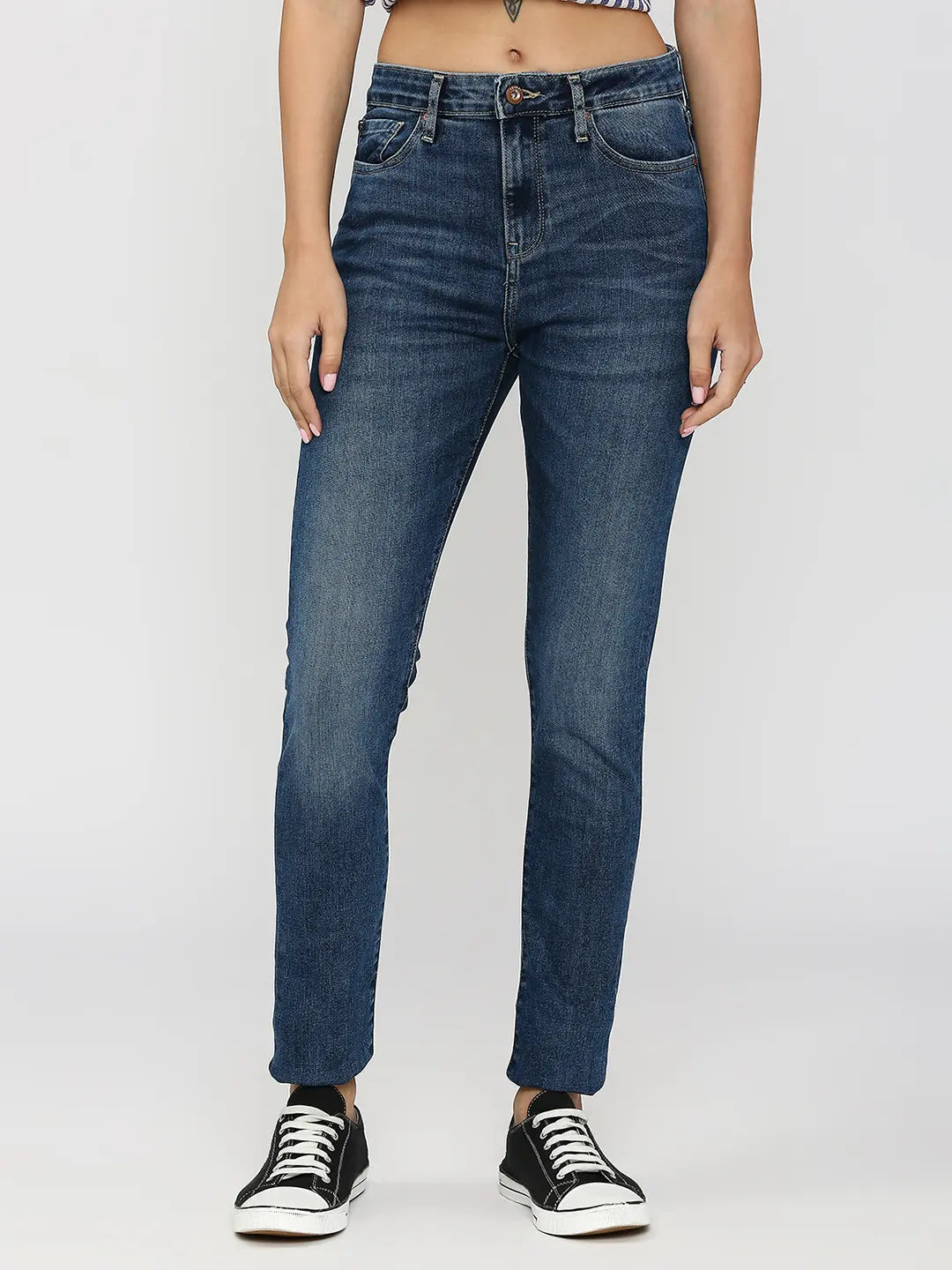 Distressed Jeans for Edgy Style -Spykar Women Mid Blue Cotton Skinny Fit Ankle Length Clean Look Mid Rise Jeans (Adora)