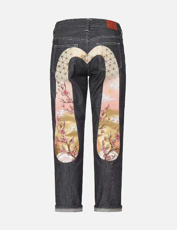 Blue Jeans for Everyday Wear -Sakura Embroidery and Brocade Print Daicock Boyfriend Jeans