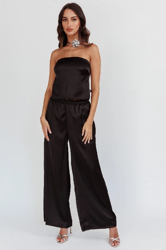 Lightweight travel pants with wrinkle-free fabric -Panama Beach Wide Leg Satin Pants Black