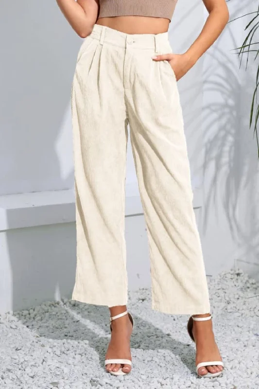 Luxury silk pants for glamorous evening wear -Buttoned  Straight Hem Long Pants