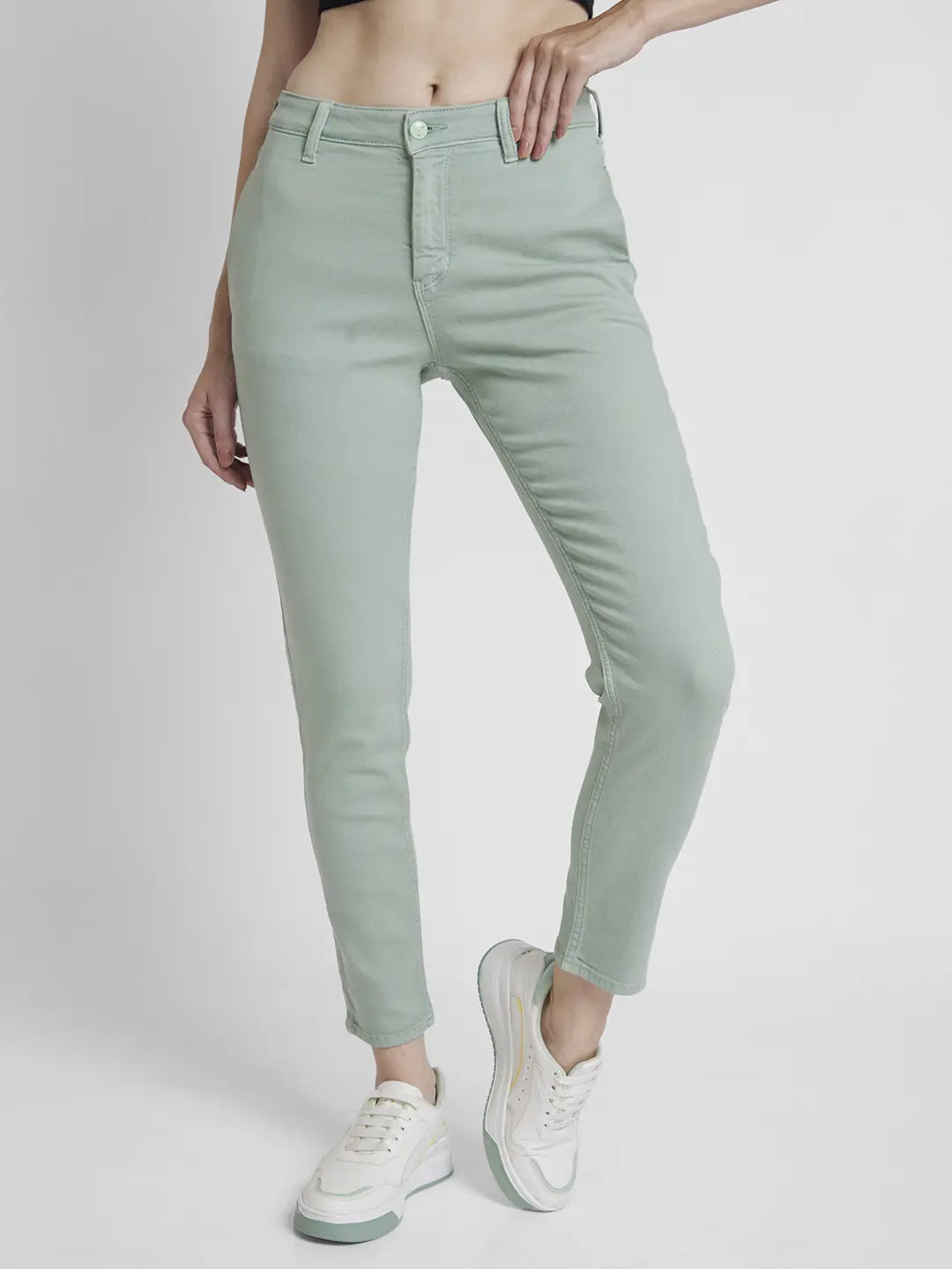 Low Waisted Jeans for Casual -Spykar Women Fern Green Cotton Mom Fit Ankle Length Clean Look Jeans -(Amora)