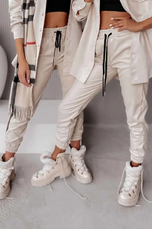 Stylish cropped pants for warm season trends -Drawstring Pocket Leather Jogger Pants