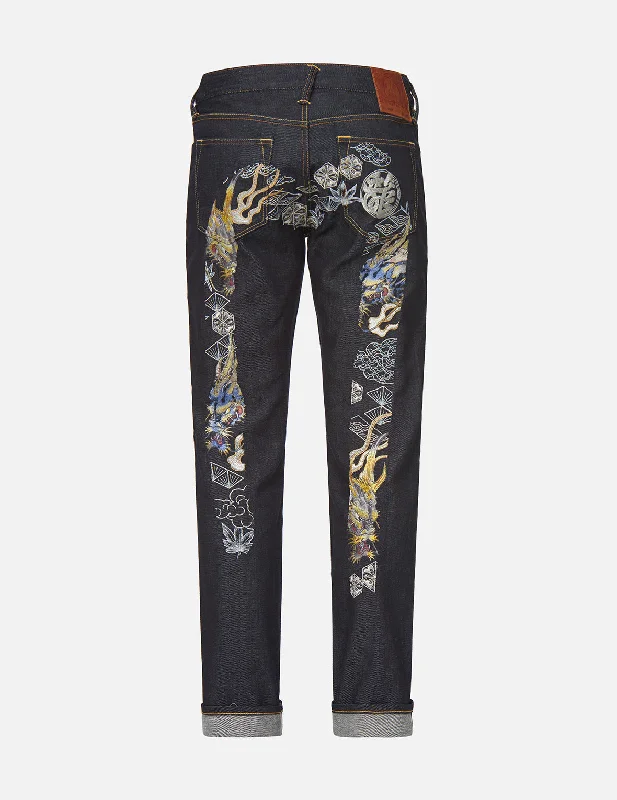 Frayed Hem Jeans for Edgy -Dragon and Kanji Daicock Embroidered Slim Straight fit Jeans #2010